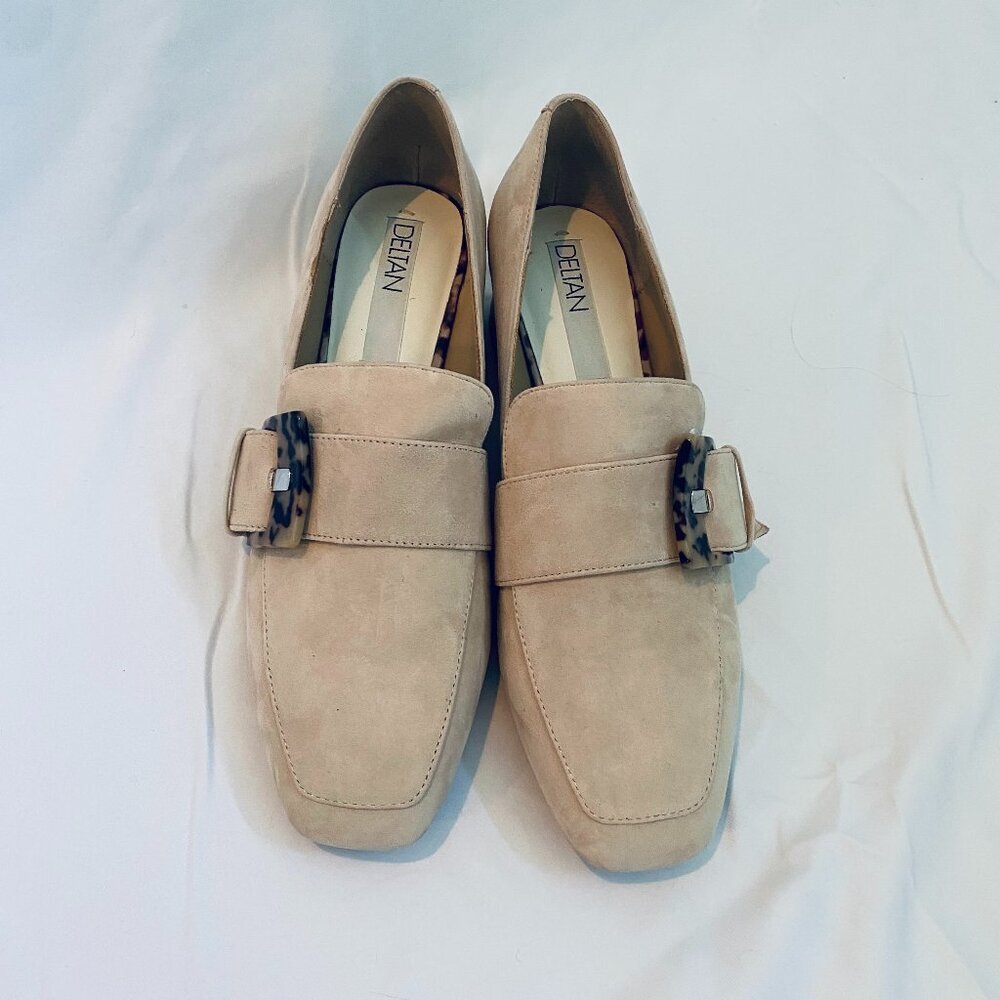 Delfan Beige Suede Loafers with Tortoiseshell Buckle